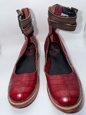 Freebird by Steven Red Croc-Embossed Ankle-Strap Flats